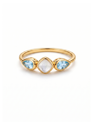 NATURAL MOON STONE AND SWISS BLUE TOPAZ RING, SQUARE SHAPE GEMSTONE, 925 SILVER 18KT GOLD PLATED