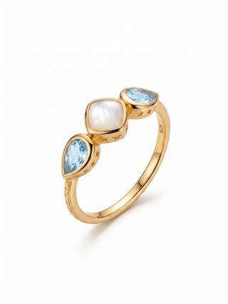 NATURAL MOON STONE AND SWISS BLUE TOPAZ RING, SQUARE SHAPE GEMSTONE, 925 SILVER 18KT GOLD PLATED