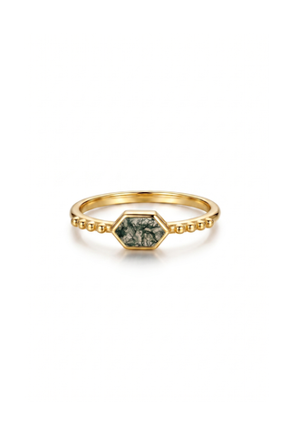 NATURAL MOSS AGATE STONE RING, HEXAGON SHAPE GEMSTONE, 925 SILVER RING WITH 18KT GOLD PLATED