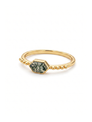 NATURAL MOSS AGATE STONE RING, HEXAGON SHAPE GEMSTONE, 925 SILVER RING WITH 18KT GOLD PLATED
