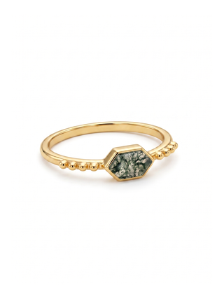 NATURAL MOSS AGATE STONE RING, HEXAGON SHAPE GEMSTONE, 925 SILVER RING WITH 18KT GOLD PLATED