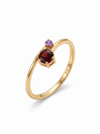 TINY RED GARNET AND AMETHYST STONE RING, ROUND SHAPE GEMSTONE, 925 STERLING SILVER, DECORATED WITH DEDICATED WOMEN JEWELRY