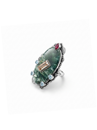 Natural Seraphinite, Ruby, Rose Quartz And Blue Topaz Ring By Harshita Jewellery