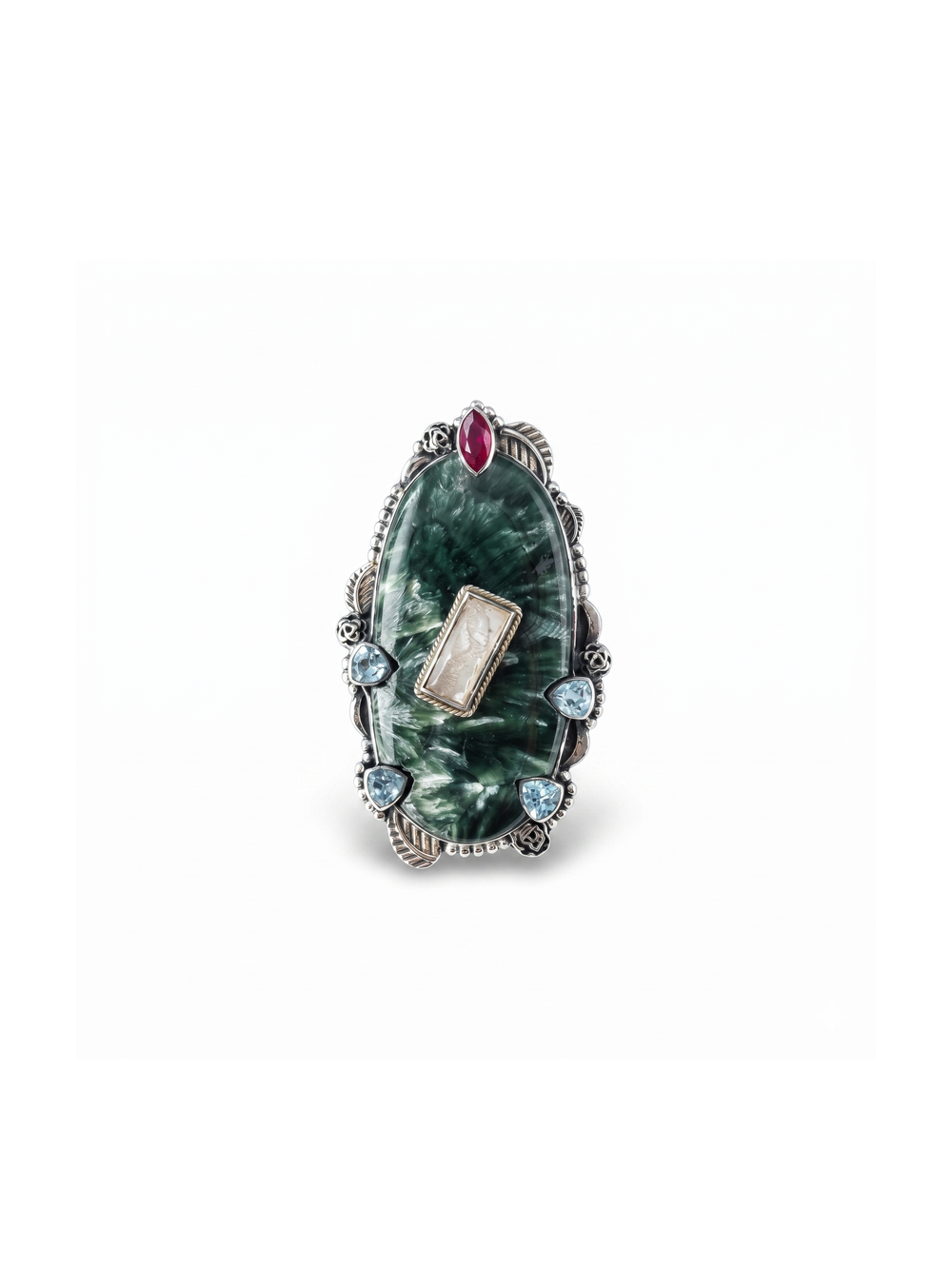 Natural Seraphinite, Ruby, Rose Quartz And Blue Topaz Ring By Harshita Jewellery