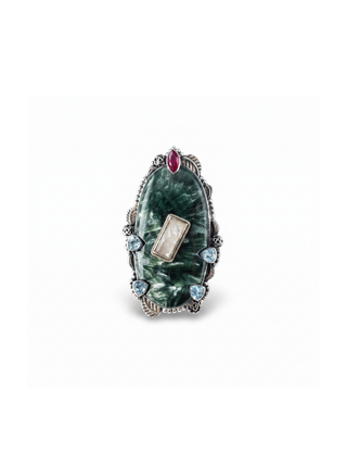 Natural Seraphinite, Ruby, Rose Quartz And Blue Topaz Ring By Harshita Jewellery