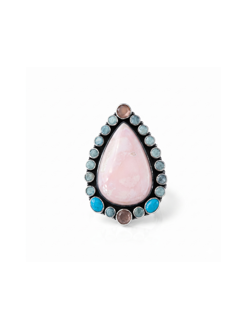 Natural Pink Opal, Amazonite, Peach Moonstone & Turquoise Ring By Harshita Jewellery