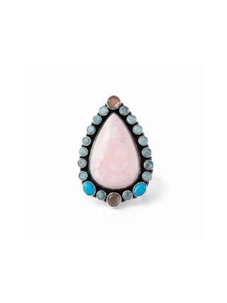 Natural Pink Opal, Amazonite, Peach Moonstone & Turquoise Ring By Harshita Jewellery