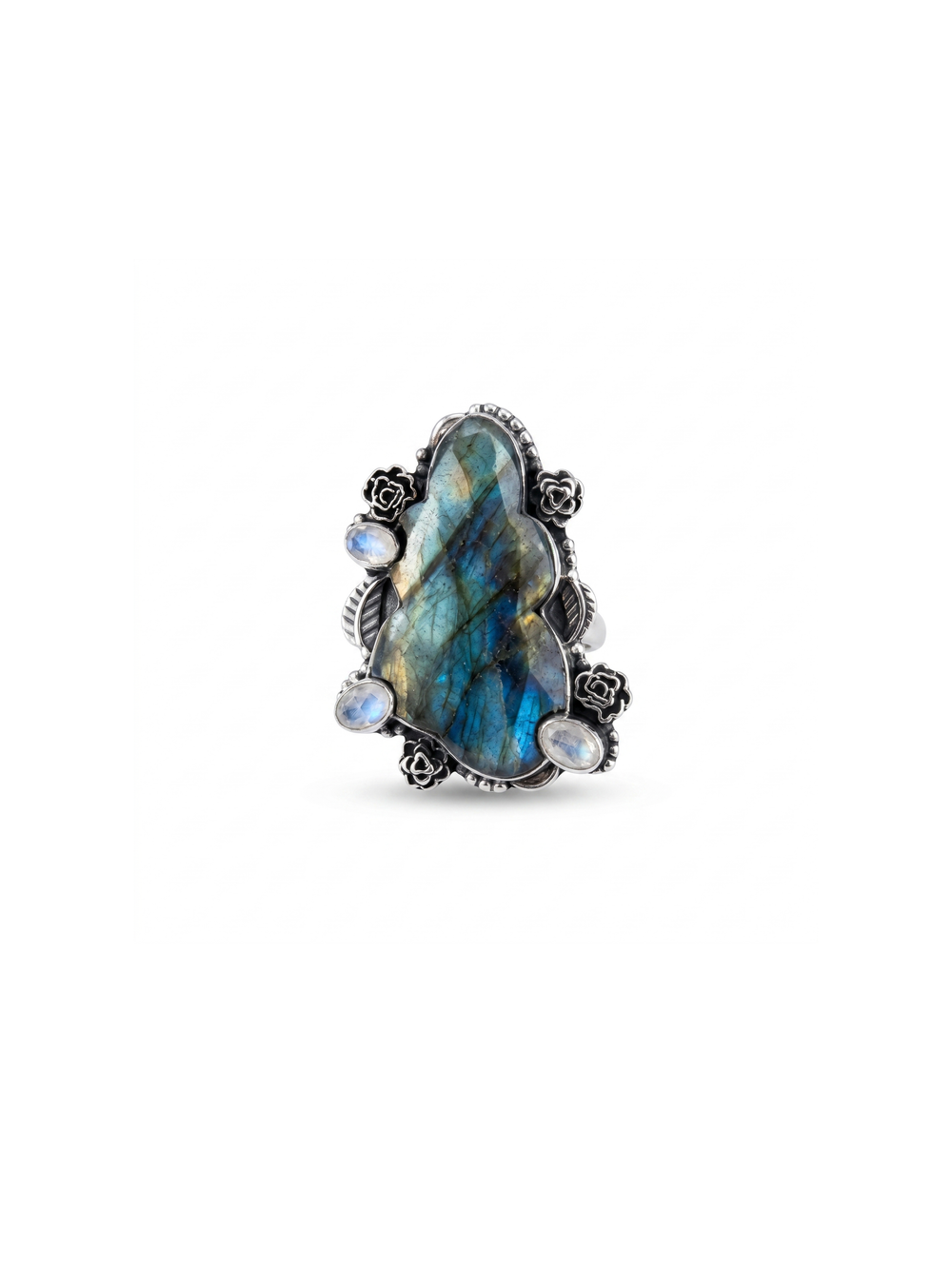 Natural Labradorite & Rainbow Moonstone Ring By Harshita Jewellery