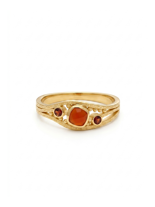 THREE STONE RED GARNET GEMSTONE RING, 925 SILVER RING PLATED WITH 2 MICRON 18KT GOLD