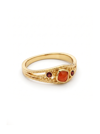 THREE STONE RED GARNET GEMSTONE RING, 925 SILVER RING PLATED WITH 2 MICRON 18KT GOLD