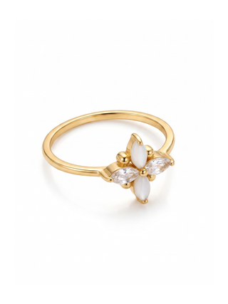 FLOWER SHAPE WHITE MOONSTONE GEMSTONE RING, 925 SILVER RING PLATED WITH 2 MICRON 18KT GOLD