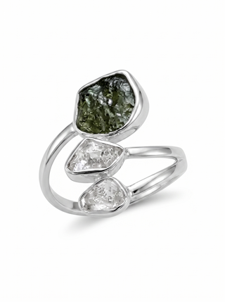 Czech Republic Moldavite Ring , Herkimer Diamond Ring, Natural Gemstone 925 Solid Sterling Silver Handmade Jewelry Ring, Gift For Her