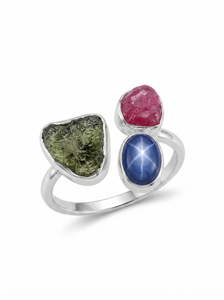 Czech Republic Moldavite Ring, Ruby &amp; Kyanite Gemstone Ring, Natural Gemstone 925 Solid Sterling Silver Handmade Jewelry Ring, Gift For Her