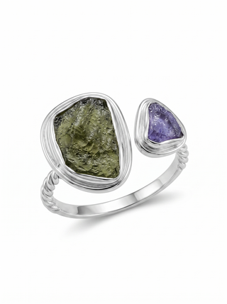 Certified Moldavite Ring, Raw Moldavite &amp; Tanzanite Ring, 925 Solid Sterling Silver,Moldavite jewelry, Czech Republic Ring, Adjustable Ring