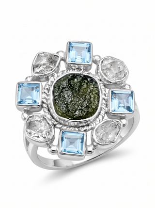 Czech Republic Moldavite Ring , Herkimer Diamond Ring, Natural Gemstone 925 Solid Sterling Silver Handmade Jewelry Ring, Blue Topaz Ring