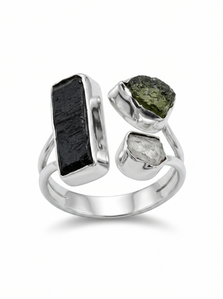 Natural Raw Moldavite, Herkimer &amp; Black Tourmaline Gemstone Ring 925 Solid Sterling Silver Handmade Jewelry Ring Gift For Her