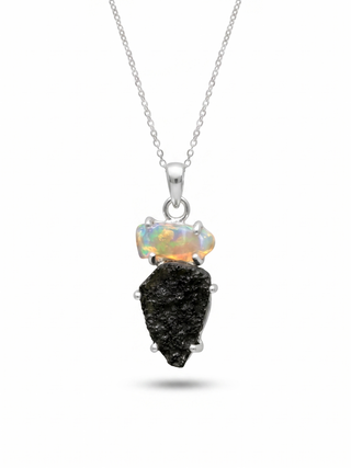 Genuine Moldavite & Opal Rough Pendant,  925 Sterling Silver Handmade Pendant, Moldavite Gemstone Pendant, Gift For Women's