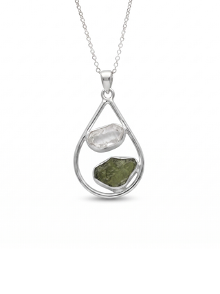 Raw Moldavite Pendant, Herkimer Diamond Jewelry, Natural Gemstone Jewelry, 925 Sterling Silver, Jewelry For Gift, Handmade Jewelry For Women