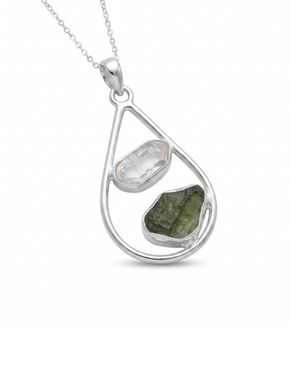 Raw Moldavite Pendant, Herkimer Diamond Jewelry, Natural Gemstone Jewelry, 925 Sterling Silver, Jewelry For Gift, Handmade Jewelry For Women