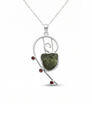 Raw Moldavite Pendant, 925 Sterling Silver, Handmade Silver Jewelry, Garnet Pendant, Moldavite From Czech Republic, Christmas Gift For Mom