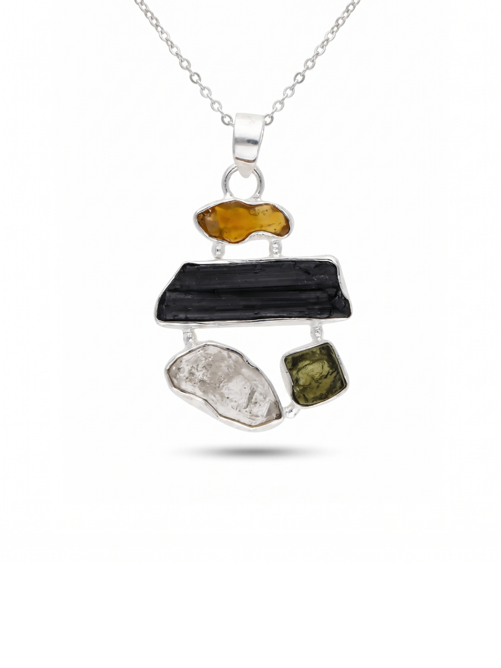 Natural Moldavite Pendant, Black Tourmaline, Czech Moldavite, Herkimer Diamond, Opal Pendant, Sterling Silver Pendant, Handmade Pendant
