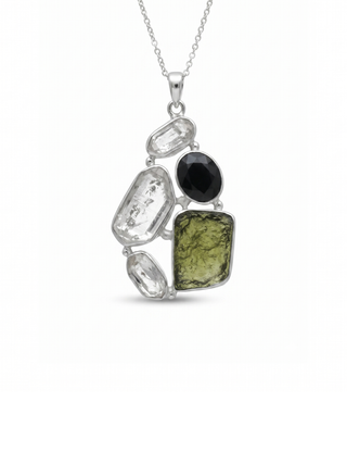 Moldavite, herkimer and Blue Sapphire pendant, genuine gemstone pendant, sterling silver handmade pendant, 100% genuine gemstone