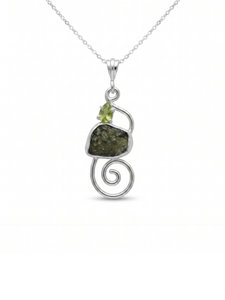 Moldavite Peridot pendant, genuine gemstone pendant, sterling silver handmade pendant, 100% genuine with certified gemstone