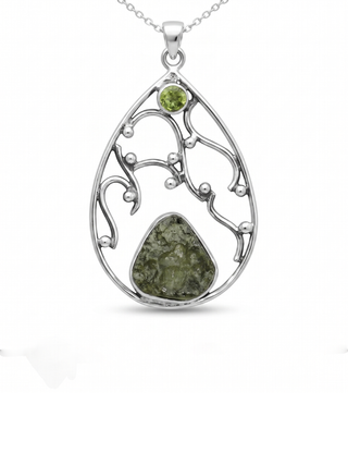 Moldavite Peridot pendant, genuine gemstone pendant, sterling silver handmade pendant, 100% genuine with certified gemstone
