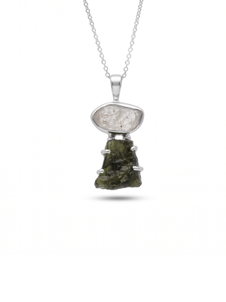 Genuine Moldavite Rough Herkimer Diamond Pendant Natural Gemstone From Czech Republic 925 Sterling Silver Handmade Designer Jewelry