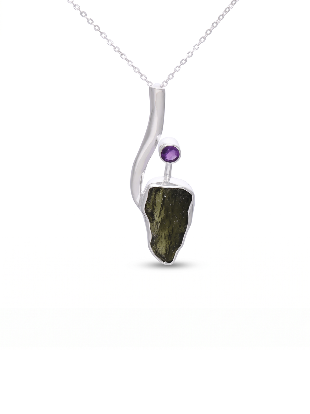Genuine Moldavite Rough With Amethyst Pendant 100% Natural With Certified Gemstone From Czech Republic 925 Sterling Silver Handmade Jewelry