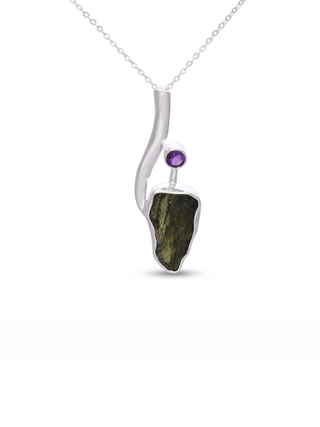 Genuine Moldavite Rough With Amethyst Pendant 100% Natural With Certified Gemstone From Czech Republic 925 Sterling Silver Handmade Jewelry