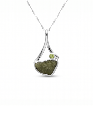 Genuine Moldavite Rough With Peridot Pendant 100% Natural With Certified Gemstone From Czech Republic 925 Sterling Silver Handmade Jewelry