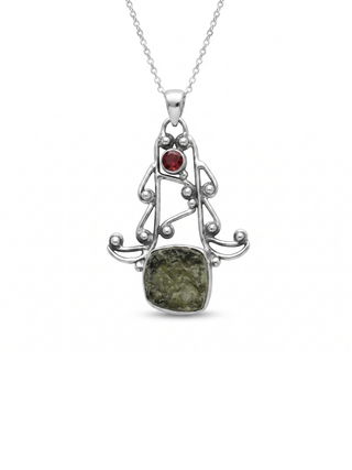 Moldavite Garnet pendant, genuine gemstone pendant, sterling silver handmade pendant, 100% genuine with certified gemstone