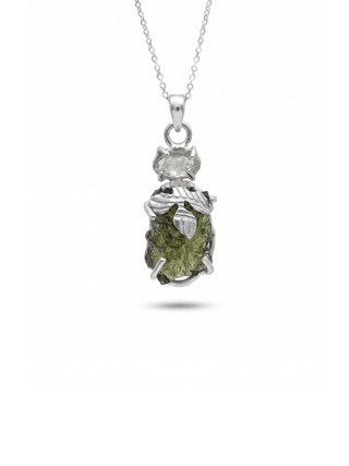 Moldavite herkimer pendant, genuine gemstone pendant, sterling silver handmade pendant, 100% genuine with certified gemstone