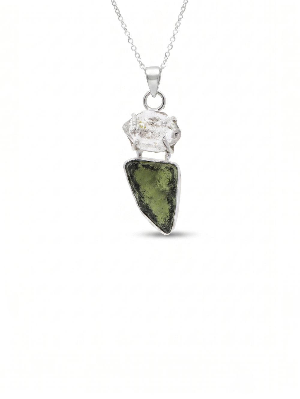 Moldavite herkimer pendant, genuine gemstone pendant, sterling silver handmade pendant, 100% genuine with certified gemstone