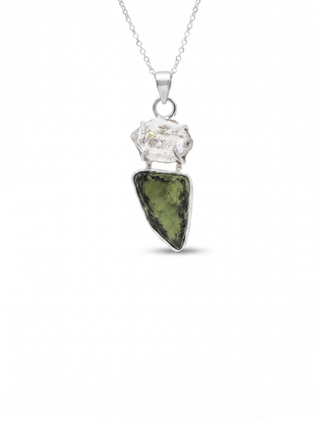 Moldavite herkimer pendant, genuine gemstone pendant, sterling silver handmade pendant, 100% genuine with certified gemstone