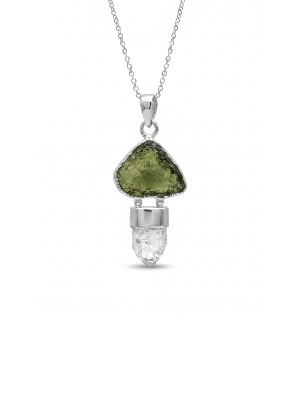 Moldavite herkimer pendant, genuine gemstone pendant, sterling silver handmade pendant, 100% genuine with certified gemstone