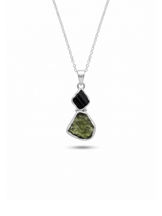 Moldavite Pendant, Black Tourmaline Pendant, Gemstone Pendant, Sterling Silver Pendant, Handmade Pendant, Natural Moldavite