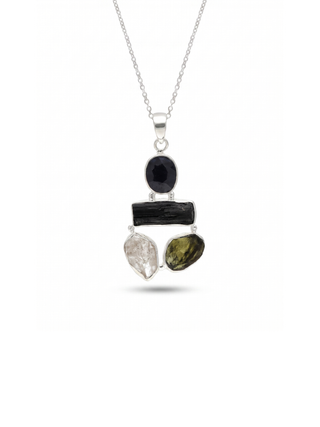 Moldavite Pendant, Black Tourmaline, Blue Sapphire, Herkimer Diamond Pendant, Sterling Silver Pendant, Handmade Pendant, Natural Moldavite