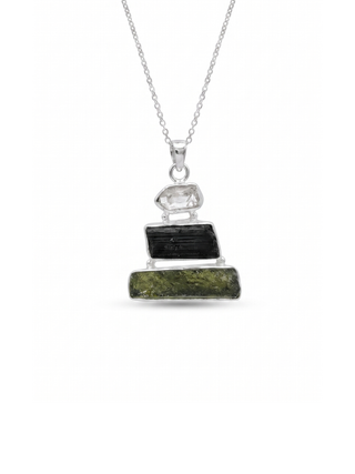Moldavite Pendant, Black Tourmaline, Moldavite, Herkimer Diamond Pendant, Sterling Silver Pendant, Handmade Pendant, Natural Moldavite