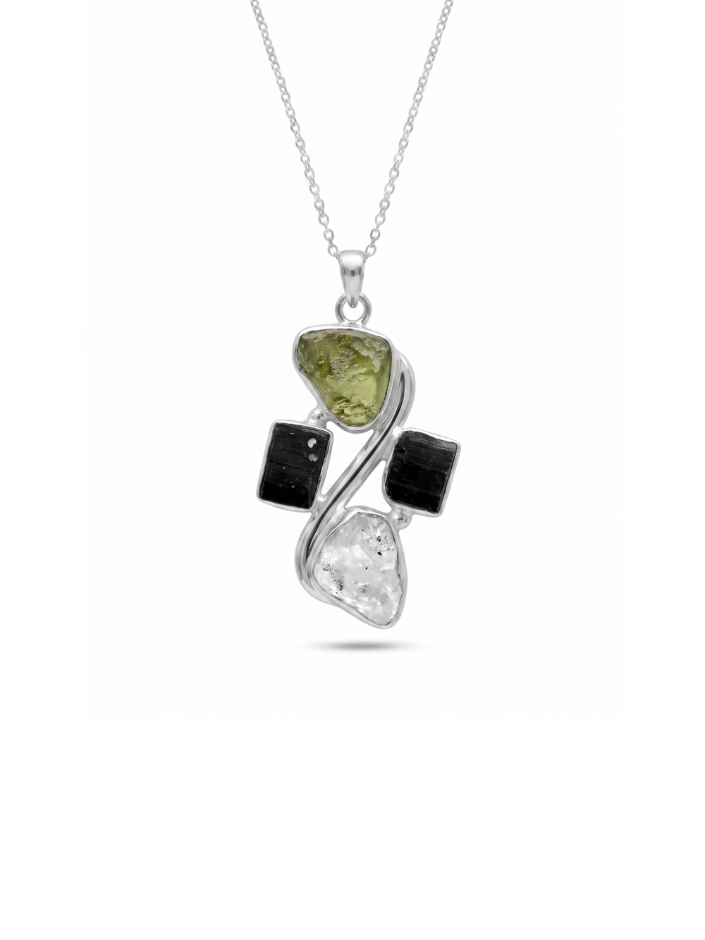 Moldavite Pendant, Black Tourmaline, Moldavite, Herkimer Diamond Pendant, Sterling Silver Pendant, Handmade Pendant, Natural Moldavite