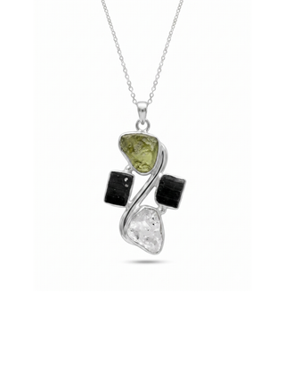Moldavite Pendant, Black Tourmaline, Moldavite, Herkimer Diamond Pendant, Sterling Silver Pendant, Handmade Pendant, Natural Moldavite