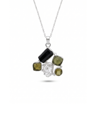 Moldavite Pendant, Black Tourmaline, Moldavite, Herkimer Diamond Pendant, Sterling Silver Pendant, Handmade Pendant, Natural Moldavite