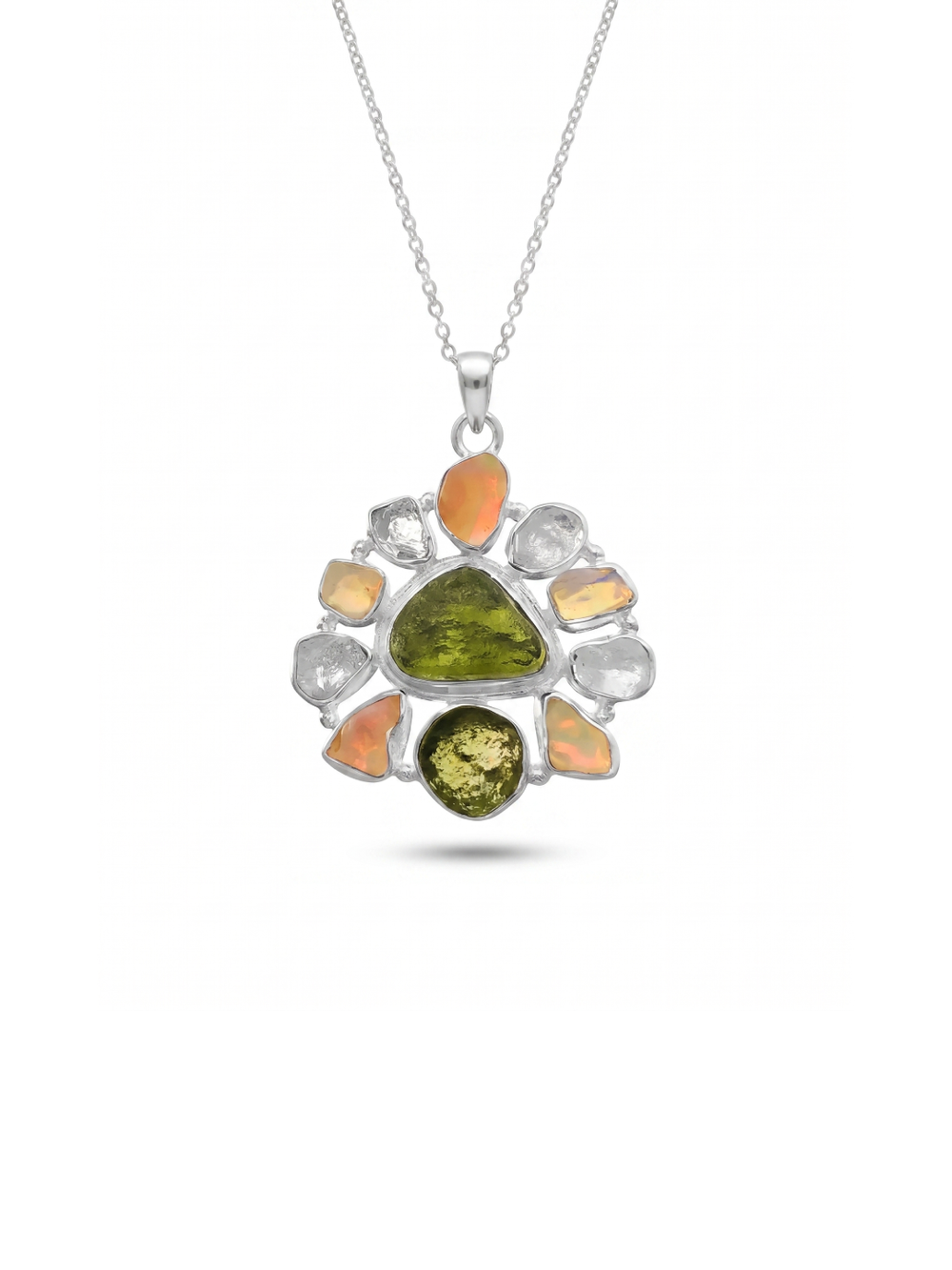 Moldavite Pendant, Czech Moldavite, Herkimer Diamond, Opal Pendant, Sterling Silver Pendant, Handmade Pendant, Natural Moldavite