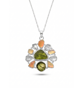 Moldavite Pendant, Czech Moldavite, Herkimer Diamond, Opal Pendant, Sterling Silver Pendant, Handmade Pendant, Natural Moldavite