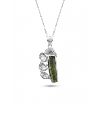 Moldavite Pendant, Czech Moldavite, Herkimer Diamond, Opal Pendant, Sterling Silver Pendant, Handmade Pendant, Natural Moldavite