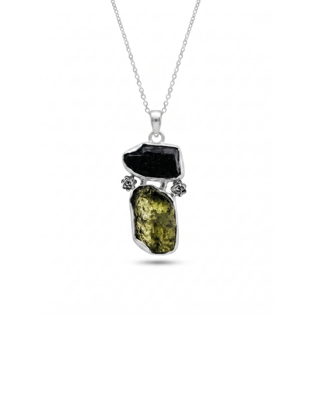 Genuine Moldavite & Black Tourmaline Rough Pendant,  925 Sterling Silver Handmade Pendant, Moldavite Gemstone Pendant, Gift For Women's