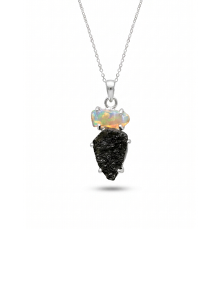 Genuine Moldavite & Opal Rough Pendant,  925 Sterling Silver Handmade Pendant, Moldavite Gemstone Pendant, Gift For Women's