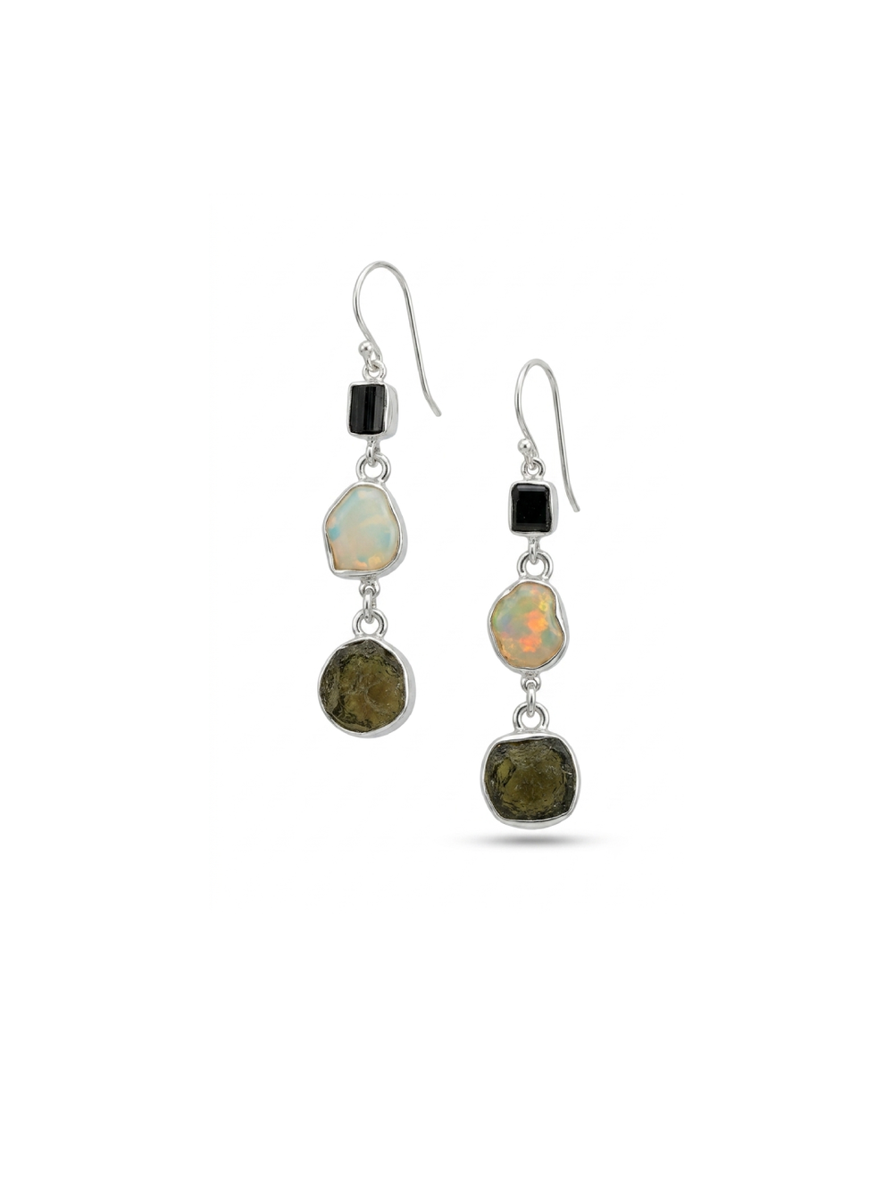 Natural Moldavite Rough & Black Tourmaline, Opal Earrings Gemstone From Czech Republic 925 Solid Sterling Silver Handmade Designer Jewelry