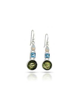 Czech Moldavite, Opal & Blue Topaz Gemstone Earring, 925 Sterling Silver Handmade Earring, Drop Dangle Earring, Gifts For Her